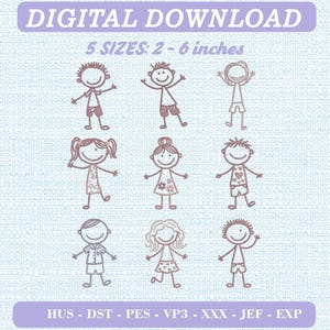May include: A digital download embroidery design featuring nine distinct stick figure children in a light purple outline. The text reads DIGITAL DOWNLOAD, 5 SIZES: 5 - 15 cm, and HUS - DST - PES - VP3 - XXX - JEF - EXP. The figures show various hairstyles and clothing.