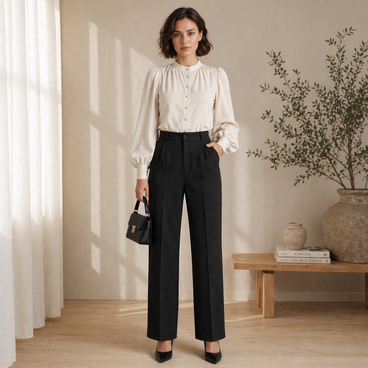 Bishop Sleeve Blouse Sewing Pattern – Stand Collar Button-up Shirt (PDF ...