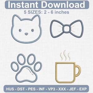 Paquete de bordado de gato minimalista y sutil con diseño divertido de "Papá Gato Amante de los Gatos", 4 iconos de "Papá Gato" para bordado a máquina, descarga instantánea DST PES