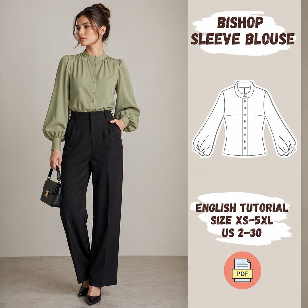Bishop Sleeve Blouse Sewing Pattern – Stand Collar Button-up Shirt (PDF ...