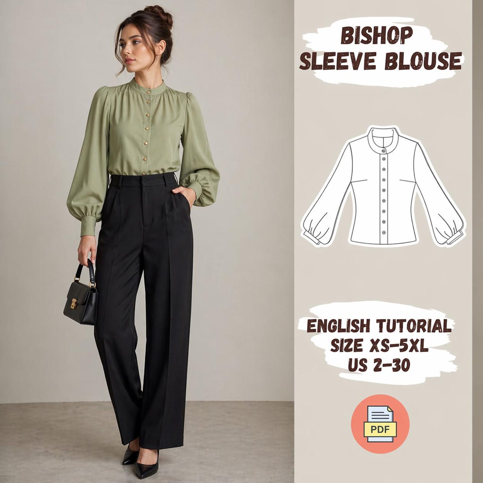 Bishop Sleeve Blouse Sewing Pattern – Stand Collar Button-up Shirt (PDF ...