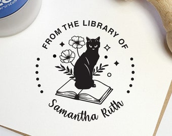 BOOK STAMP, Cat Book Embosser, Self Inking Library Stamp, Custom LIBRARY Stamp,  From the Library of Stamp, Teacher Stamp, Cat Book Stamp