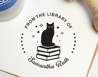 BOOK STAMP, Cat Book Embosser, Self Inking Library Stamp, Custom LIBRARY Stamp,  From the Library of Stamp, Teacher Stamp, Cat Book Stamp