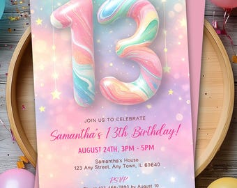 13th Birthday Invitation Girl Editable Pink Rainbow Invite Printable Template for Girls Party, Girls Pink Birthday Invite, Glitter birthday