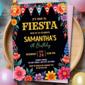 Editable Fiesta Birthday Invitation No Time to Siesta Lets Fiesta Party Mexican Theme Invite Colorful Floral Canva Template Instant Download