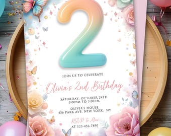 Editable 2nd Birthday Invitation, Rainbow Butterfly Girl Party Invite, Pink Purple 2nd Birthday Evite, Printable Template, Instant Download