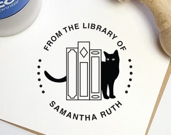 BOOK STAMP, Cat Book Embosser, Self Inking Library Stamp, Custom LIBRARY Stamp,  From the Library of Stamp, Teacher Stamp, Cat Book Stamp