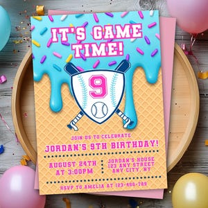 May include: Baseball-themed birthday invitation with the text "IT'S GAME TIME!" and "JORDAN'S 9TH BIRTHDAY!". The design features a baseball and bats, with a blue and pink color scheme. Includes event details.
