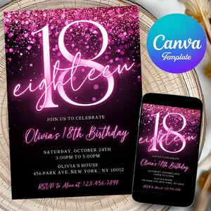 Editable Girl Glitter Birthday Invite 18th Birthday Invitation Template Girl Pink Invitation Neon Invitation Eighteen Birthday Canva
