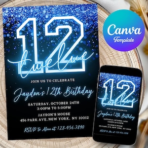May include: Blue and white birthday invitation with a neon blue number 12 and the text "twelve" on a dark blue background with glitter. The invitation says "Join us to celebrate Jaydon's 12th Birthday" and includes the date, time, and location of the party. RSVP information is also included.