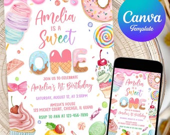 Invitación de cumpleaños para una niña de 1.er año, Candy Land, fiesta de donuts, helado y cupcakes, plantilla editable