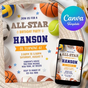 Convite de aniversário esportivo editável para festa All Star, modelo digital para download, cartão de aniversário com tema esportivo, folheto esportivo para impressão para crianças