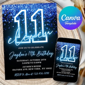 以下が含まれることがあります： 青いキラキラの背景に、ネオンブルーの数字11と「eleven」の文字が書かれた、青と白の誕生日招待状。招待状には、「Join us to celebrate Jaydon's 11th Birthday」の文字と、日付、時間、場所、RSVPに関する情報など、イベントの詳細が記載されています。