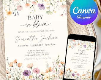 Invitación editable para baby shower con flores silvestres, plantilla de mariposas florales primaverales, imprimible con flores rosas y moradas.