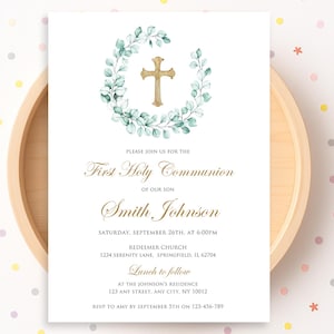 Faire-part de première communion neutre garçon fille, modèle de toile modifiable, élégant faire-part de baptême, faire-part religieux, 1ère carte de communion