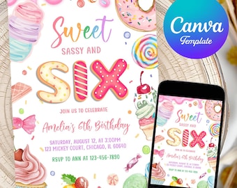 Sweet Sassy and Six Birthday Invitation, 6th Birthday Girl Invite, Donut Candy Dessert Party, Editable Sweet Six Template, Digital Download