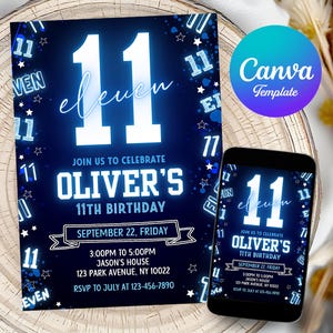 11th Birthday Invitation Boy Neon Editable Party Template Instant Download Teen Birthday Invite Digital Invitation for Boy eleventh birthday