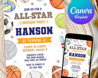 Editable Sports Birthday Invitation All Star Party Invite Digital Download Template Sports Theme Birthday Card Printable Sport Flyer for Kid