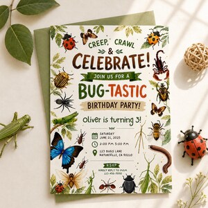 Könnte beinhalten: Eine rechteckige Geburtstagseinladungskarte mit Aquarellillustrationen verschiedener Insekten wie Marienkäfer, Schmetterlinge, ein Skorpion und ein Käfer. Der Text lautet: Creep, Crawl & Celebrate! Join us for a Bug-Tastic Birthday Party! Oliver is turning 3! Saturday June 21, 2025, 2:00 PM 5:00 PM, 123 Bugs Lane, Natureville, CA 90210. RSVP kindly reply to mom 123-456-7890.