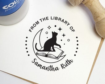 BOOK STAMP, Cat Book Embosser, Self Inking Library Stamp, Custom LIBRARY Stamp,  From the Library of Stamp, Teacher Stamp, Cat Book Stamp