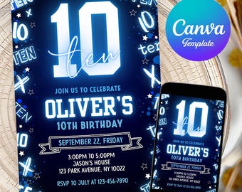 10th Birthday Invitation Boy Neon Editable Party Template Instant Download Teen Birthday Invite Digital Invitation for Boys tenth birthday