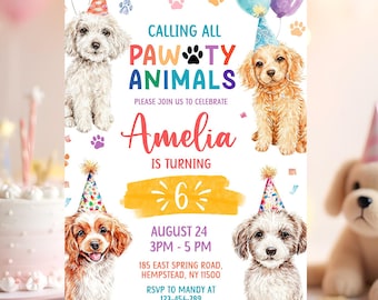May include: A party invitation with the text "Calling All Pawty Animals" and "Amelia is turning 6". The invitation features watercolor illustrations of four dogs wearing party hats, paw prints, and balloons. The date and time are also included.