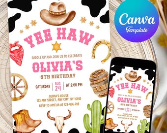 Invitation d'anniversaire cowboy cow-girl neutre fête Hoedown inviter rodéo disco Yee Haw Party modèle toile modifiable thème Nashville