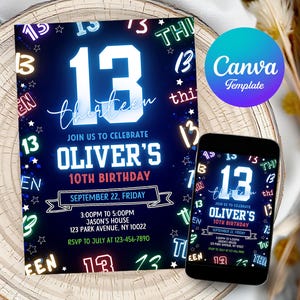13th Birthday Invitation Boy Neon Editable Party Template Instant Download Teen Birthday Invite Digital Invitation for Boy thirteen birthday