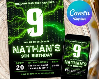 Editable Boy Birthday Invitation, Boy Invitation, 9th Birthday, Boy 9th invitation, 9th invitation, 9th Birthday invite Neon Birthday Invite