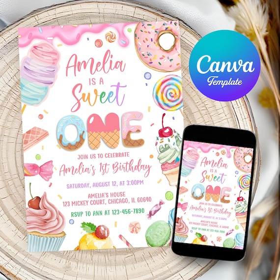 Sweet One Birthday Invitation, Candy Land 1st Girl Birthday Invite, Donut Ice Cream Cupcake Party, Editable Template, Sweet One Invite