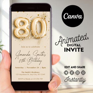 Puede incluir: Una invitación digital para una fiesta de cumpleaños número 80. La invitación presenta un globo número 80 dorado con la palabra "cumpleaños" escrita en cursiva. La invitación incluye el nombre Amanda Smith, la fecha y la hora de la fiesta, y la ubicación. La invitación también incluye una llamada a la acción para RSVP a Mandy.