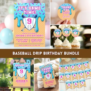 May include: A baseball-themed birthday party bundle with a blue and pink color scheme. Includes invitations, cupcake toppers, a welcome sign, favor tags, and a banner. The design features a baseball, bats, and a number 9.