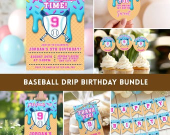 Baseball Drip Birthday Bundle, Editable Canva Template, Digital Baseball Birthday Invite, Baseball Drip Party Decor, Instant Download