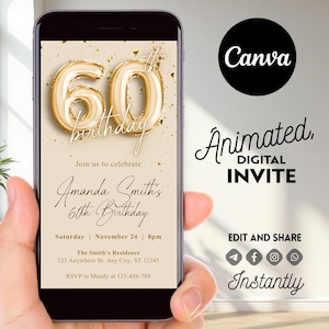 60-årsdag Evite, digital födelsedagsinbjudan, inbjudan till 60-årsfest, direktnedladdning, redigerbar inbjudningsmall, redigerbar Canva