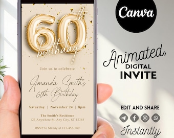 60th Birthday Evite, Digital Birthday Invitation, 60th Birthday Party Invite, Instant Download, Editable Invitation Template, Canva editable