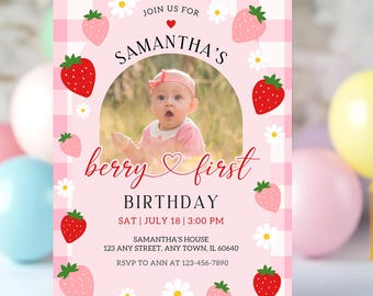 Berry First Birthday Invitation Template, Editable Photo 1st Birthday Party Invitations, Printable Strawberry Birthday Invites, Canva Edit
