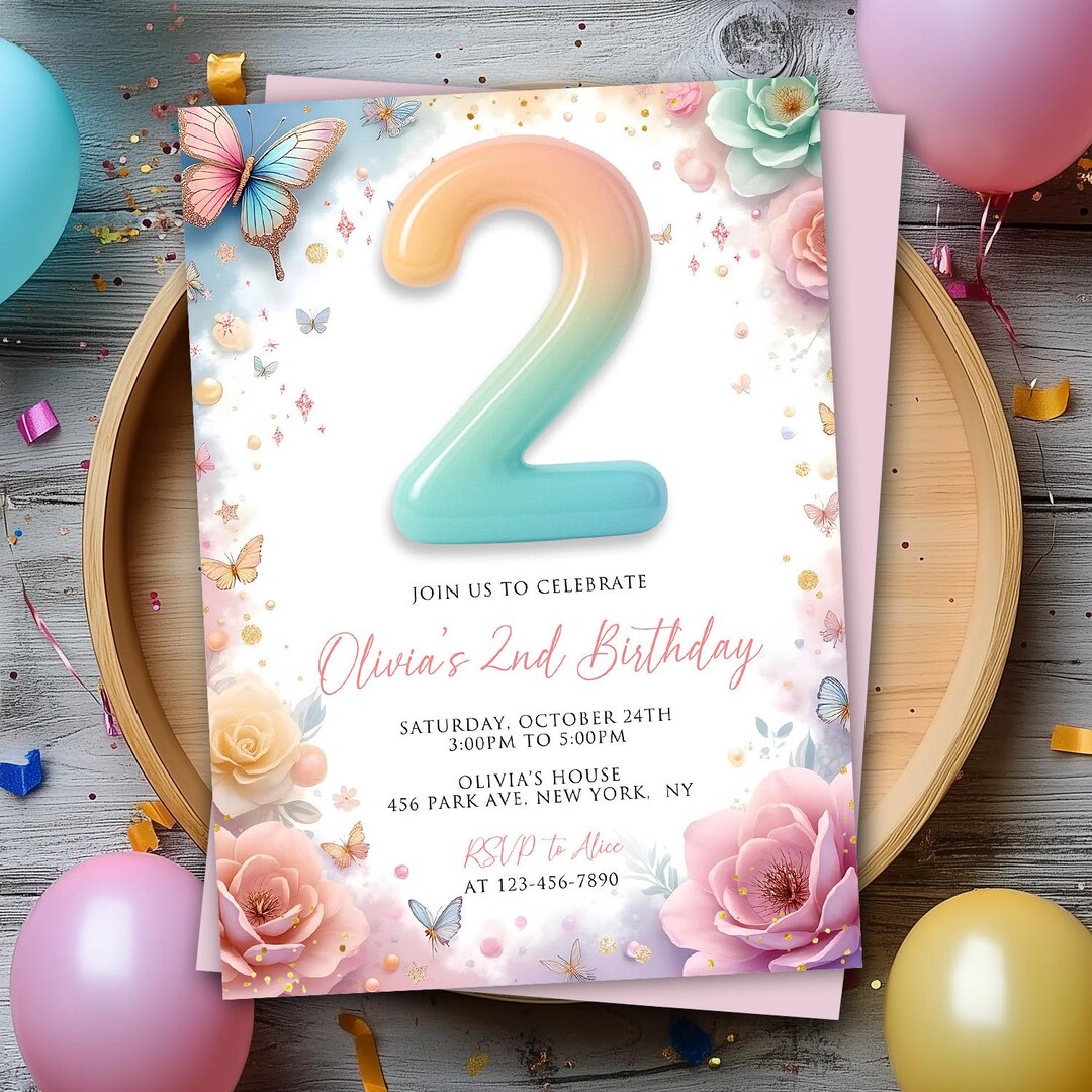 Editable 2nd Birthday Invitation, Rainbow Butterfly Girl Party Invite ...