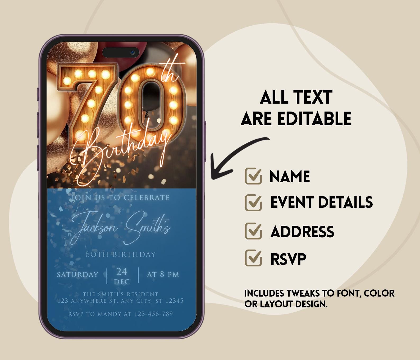 70th Birthday Invitation, Rustic Marquee Lights Party Invite, Editable ...