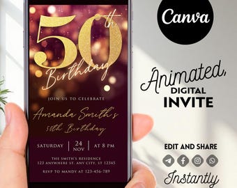 50th Birthday Invitation, Editable Digital Invite, Canva Template, Printable Evite, Instant Download, Surprise Party Card for Men or Women