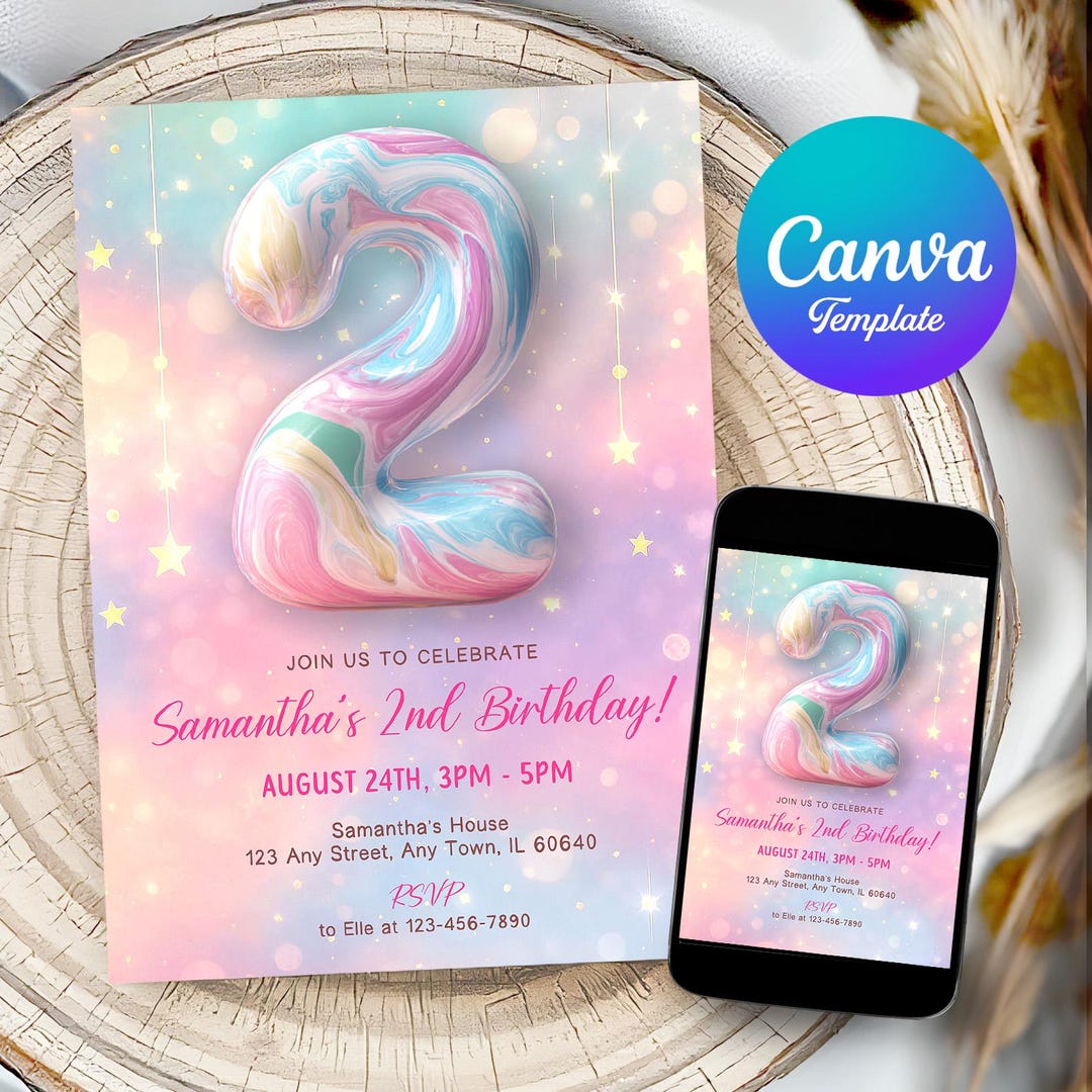 2nd Birthday Invitation Girl Editable Pink Rainbow Invite Printable ...