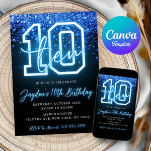 Bearbeitbarer Junge Glitzer Geburtstag einladen 10.Geburtstags-Einladungsvorlage Neon Zahl Junge Neon Einladung Zehn Geburtstag Sofortiger Download Canva