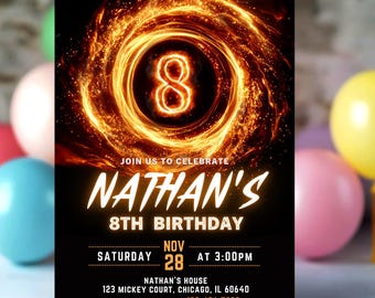 Editable Boy Birthday Invitation, 8th Birthday Boy Invite, Digital Download, Glow Party, Number Invitation, Boy Party Canva Template
