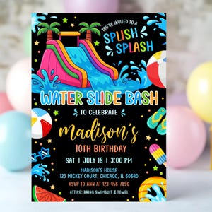 Editable Waterslide Birthday Invitation Water Slide Splash Party Summer Pool Bash Template for Boy Girl Canva Evite Instant Download