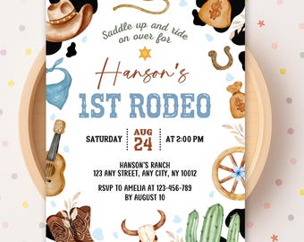 First Rodeo Invitation Template, My 1st Rodeo Birthday Invite, Cowboy Birthday Invitation, Wild West Boy Party, Editable Canva Template