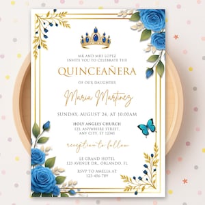 Editable Blue Roses Quinceañera Invitation, Floral 15 Años Mis Quince Invite, Elegant Princess Birthday, Printable Canva Template