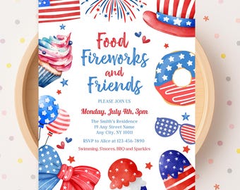 4th of July BBQ Invitation Independence Day Invite Editable Canva Template July 4th Party Invite Fireworks Invitation Barbecue Party