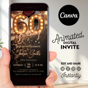 60. Geburtstagseinladung, rustikale Festzeltlichter, Party einladen, bearbeitbare Canva-Vorlage, elegante digitale Geburtstagseinladung, sofortiger Download