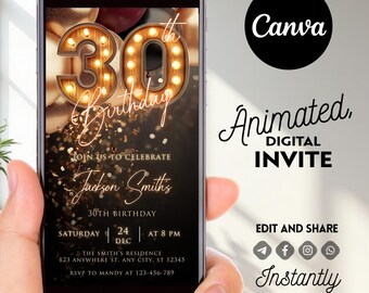 30th Birthday Invitation, Rustic Marquee Lights Party Invite, Canva Editable, Elegant Digital eCard, Instant Download, Digital Bday Invite