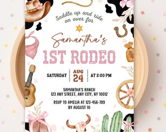 My First Rodeo Birthday Invitation Girl, Cowgirl 1st Birthday Invite, Wild West Party Template, Pink Rodeo Birthday, Editable Canva Invite