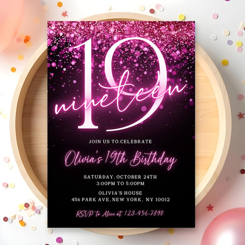 Editable Girl Glitter Birthday Invite 19th Birthday Invitation Template ...